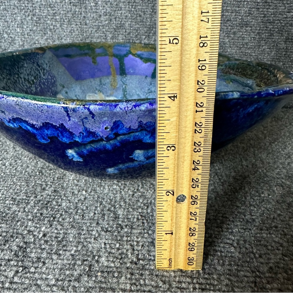 Vintage pottery bowl drip glaze cobalt purple angular centerpiece fruit 10x10x4 - Picture 8 of 10